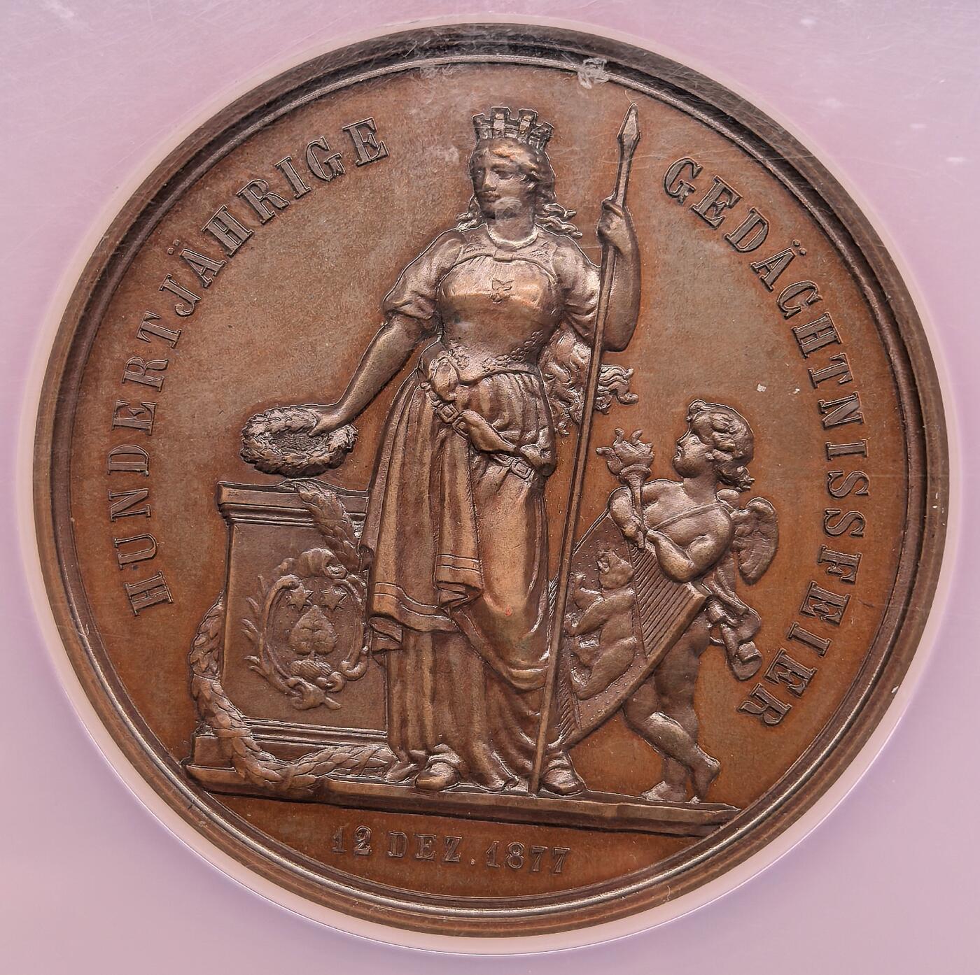 凡希社世界钱币微拍月度大拍（2025/12） 1877瑞士生理学家阿尔布雷希特·冯·哈勒逝世百年纪念铜章NGC-MS62，瑞士杰出的生理学家，被公认为是十八世纪第一流生物学家和实验生理学之父，被称为“近代生理学之父”，他花费十年时间，撰写成八卷本的《生理学纲要》，这一著作被认为具有医学史上的里程碑的重要意义。铜色温润优美，人物雕刻精湛。