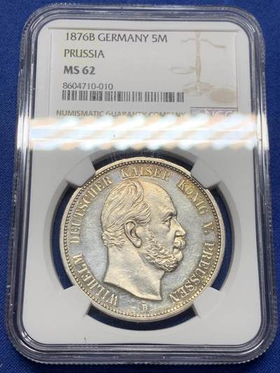 《竞宝斋》第447场 周日，周一，2场连拍 （全场包邮） - NGC MS62  德国 1876年B版 普鲁士威廉一世短翅5马克  PL底板 加上淡金的包浆 更为难得
