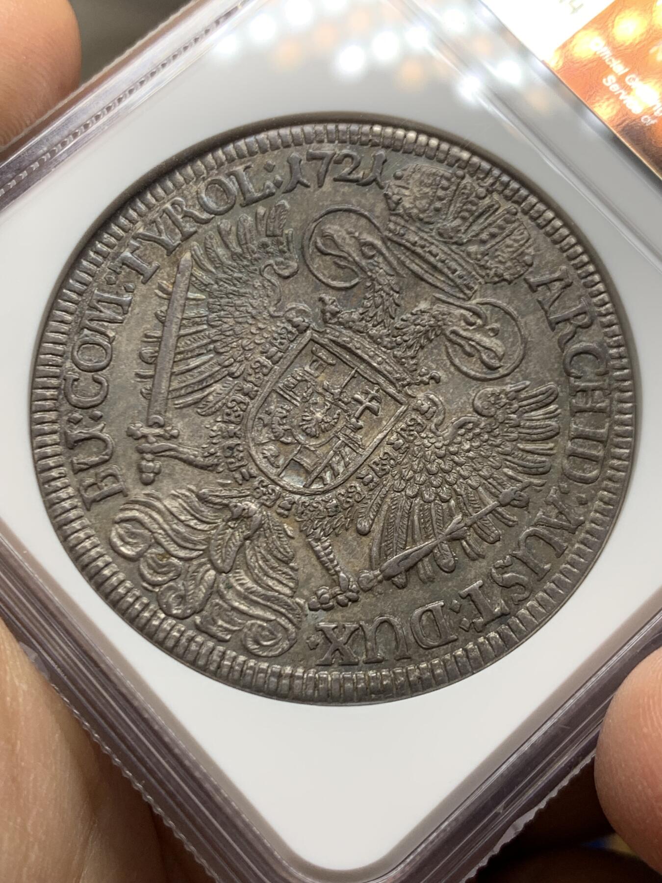 《竞宝斋》第447场 周日，周一，2场连拍 （全场包邮） 亚军分 NGC MS63 神圣罗马帝国 1721年 查理六世 泰勒大银币 原味深包浆 非常舒服的状态