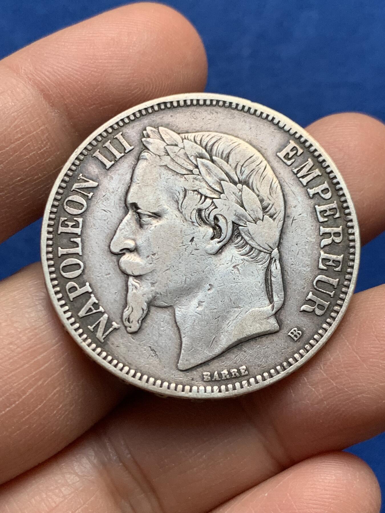 《竞宝斋》第447场 周日，周一，2场连拍 （全场包邮） 法国1870年拿破仑三世5法朗银币