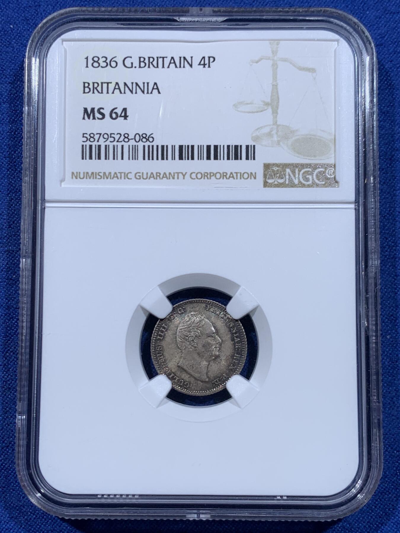 《竞宝斋》第447场 周日，周一，2场连拍 （全场包邮） NGC MS64 英国 1836年 威廉四世 4便士银币 深彩包浆 转光明显