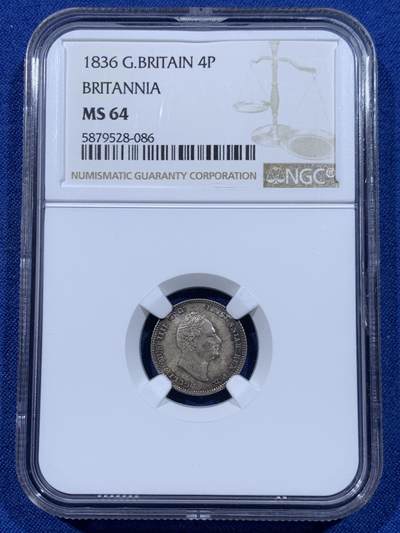 《竞宝斋》第447场 周日，周一，2场连拍 （全场包邮） - NGC MS64 英国 1836年 威廉四世 4便士银币 深彩包浆 转光明显