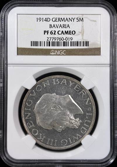 【雨安】【直播拍卖】【世界币章121期-评级币】2025-12-20 周六 19:30 保真 - [评级德国] Germany 德国 帝国 J.053 巴伐利亚 5马克 (1914) 路德维希三世 1914年 NGC-PF62Cameo 精制