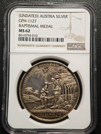 【德藏】世界币章拍卖第157期（拍品征集中~欢迎藏友联系） - 19世纪 奥地利宗教洗礼纪念银章 NGC MS62 原味包浆 设计层次感极强