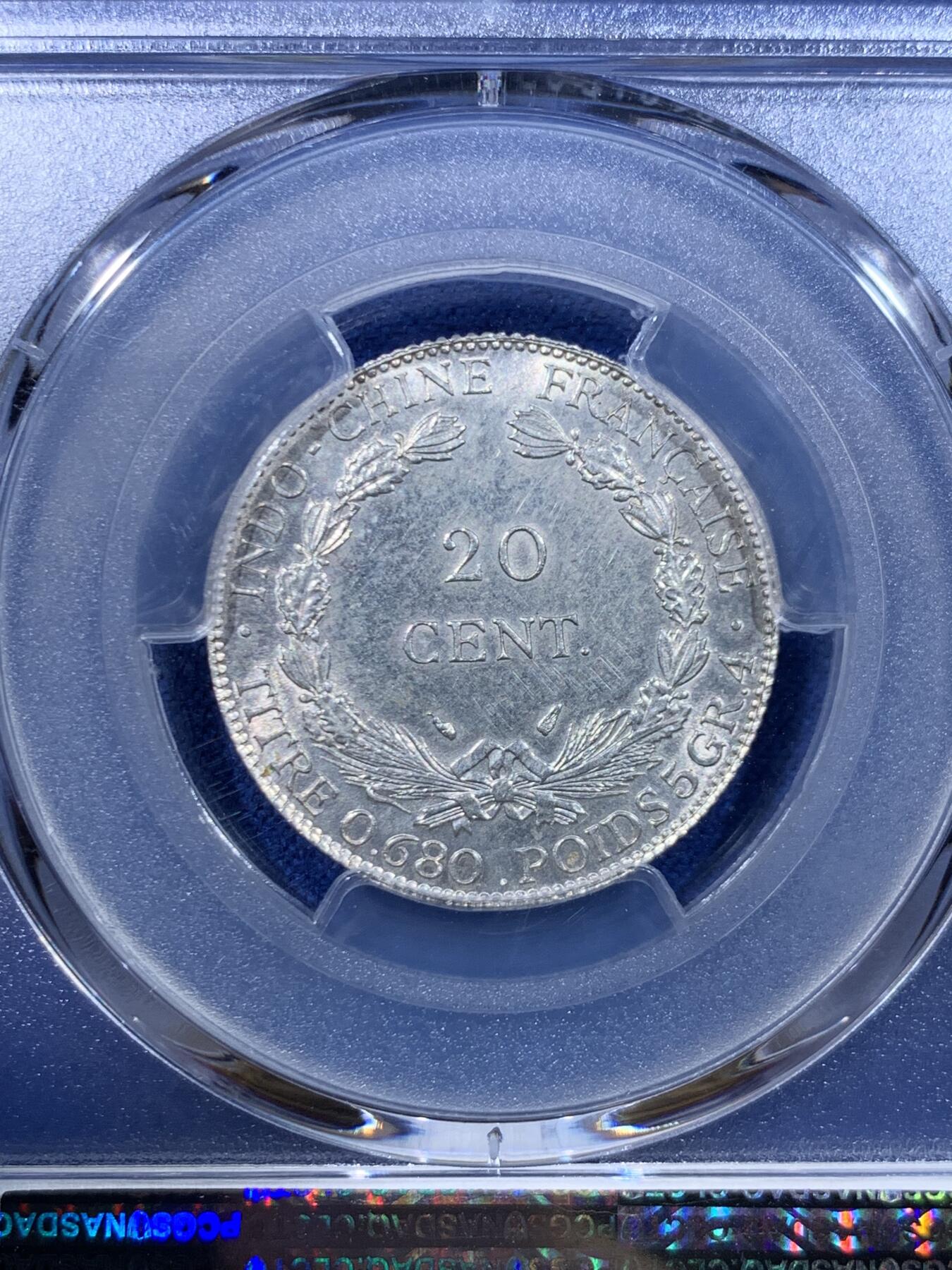 《竞宝斋》第447场 周日，周一，2场连拍 （全场包邮） PCGS UNCD 法属印支 1937年 坐洋20分银币，有点严评了，底板好有光泽，会养包浆的可砸盒养包浆