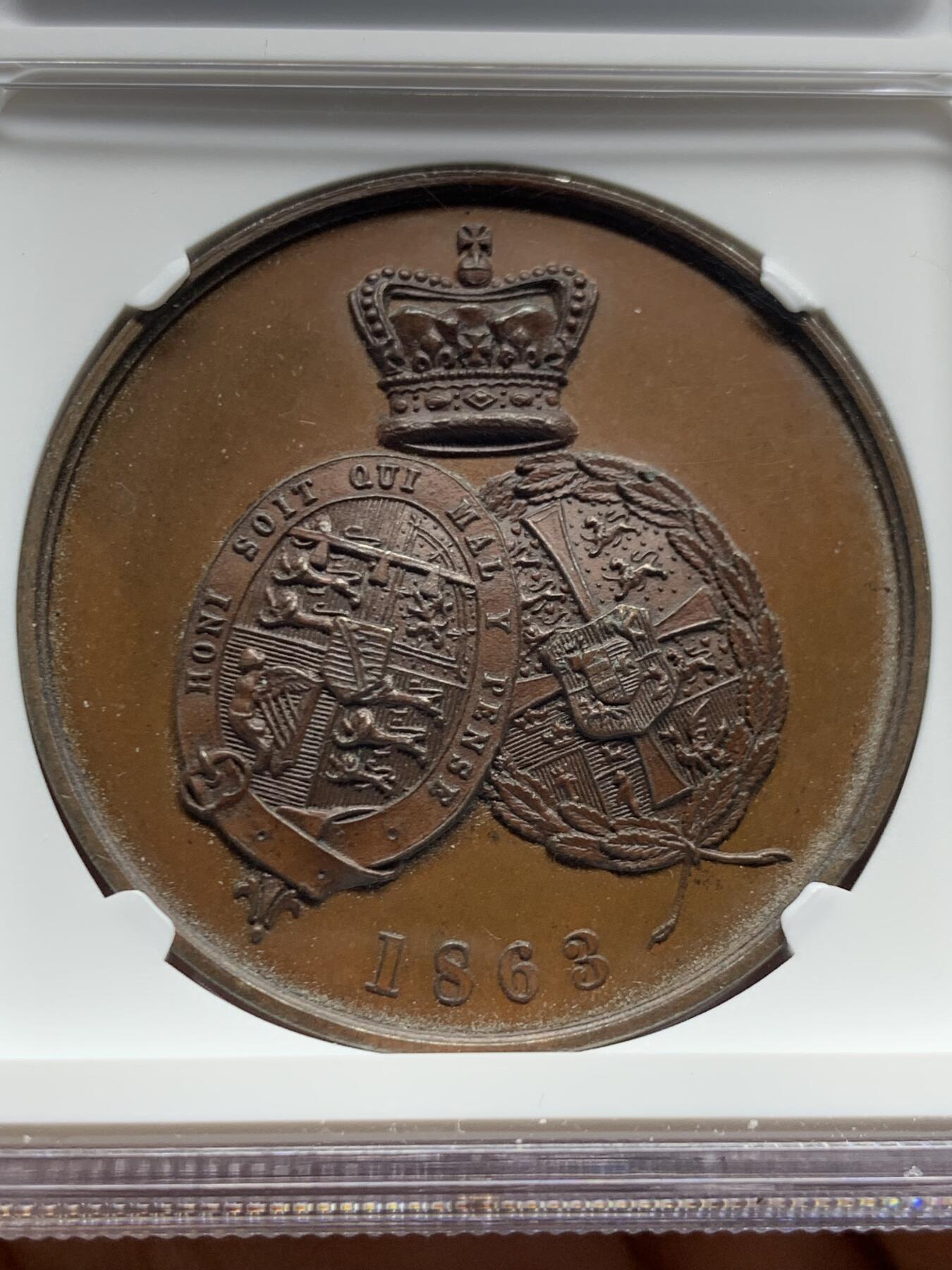 《竞宝斋》第447场 周日，周一，2场连拍 （全场包邮） NGC MS63BN 英国1863年亚历山大公主与阿尔伯特结婚铜章，不错的品种，欢迎收藏。加厚盒