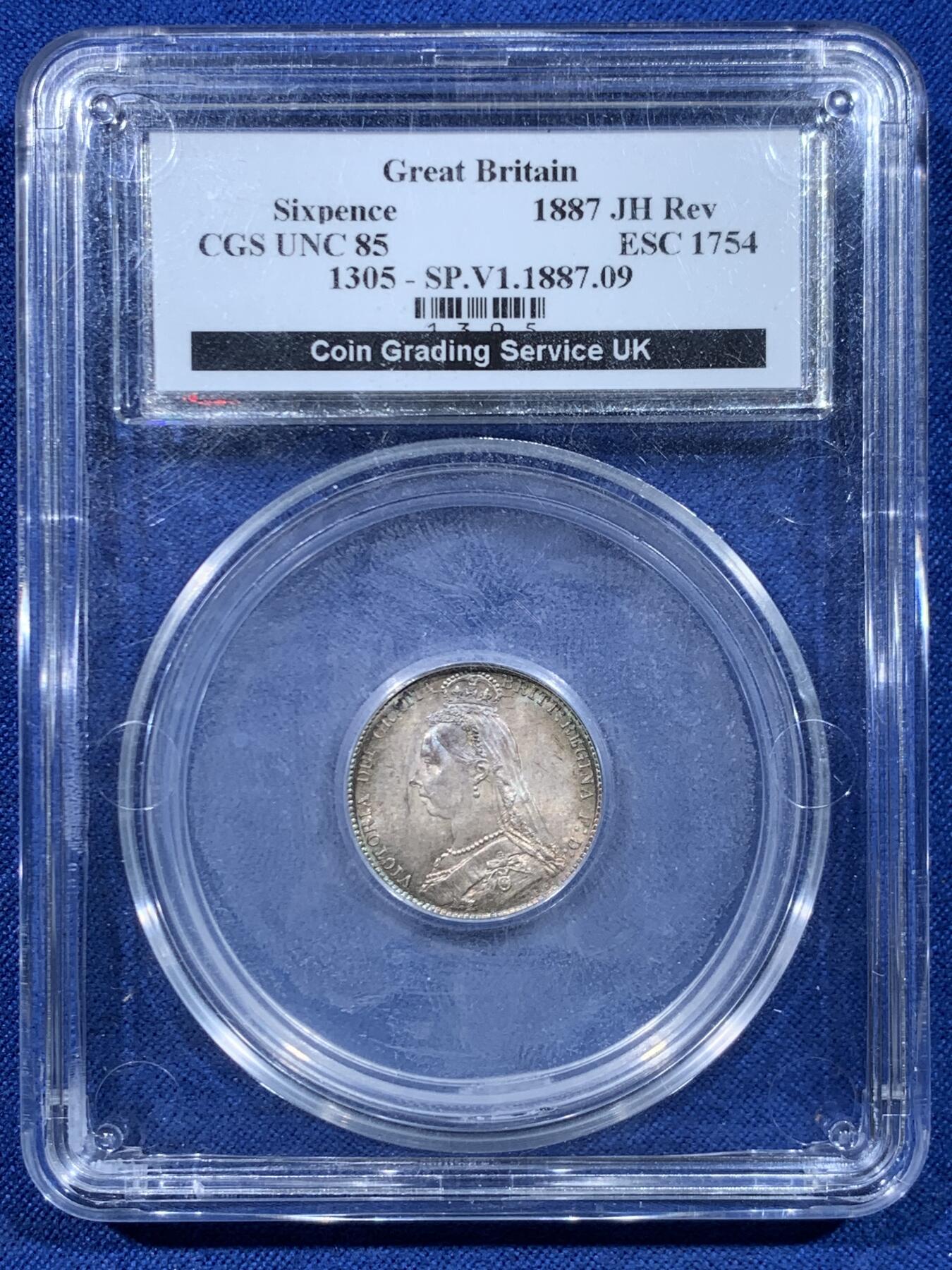 《竞宝斋》第447场 周日，周一，2场连拍 （全场包邮） CGS评级85分（换算N/P盒 约MS64-MS65） 英国 1887年 高冠六便士 英国本土 双面五彩转光