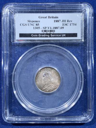 《竞宝斋》第447场 周日，周一，2场连拍 （全场包邮） - CGS评级85分（换算N/P盒 约MS64-MS65） 英国 1887年 高冠六便士 英国本土 双面五彩转光