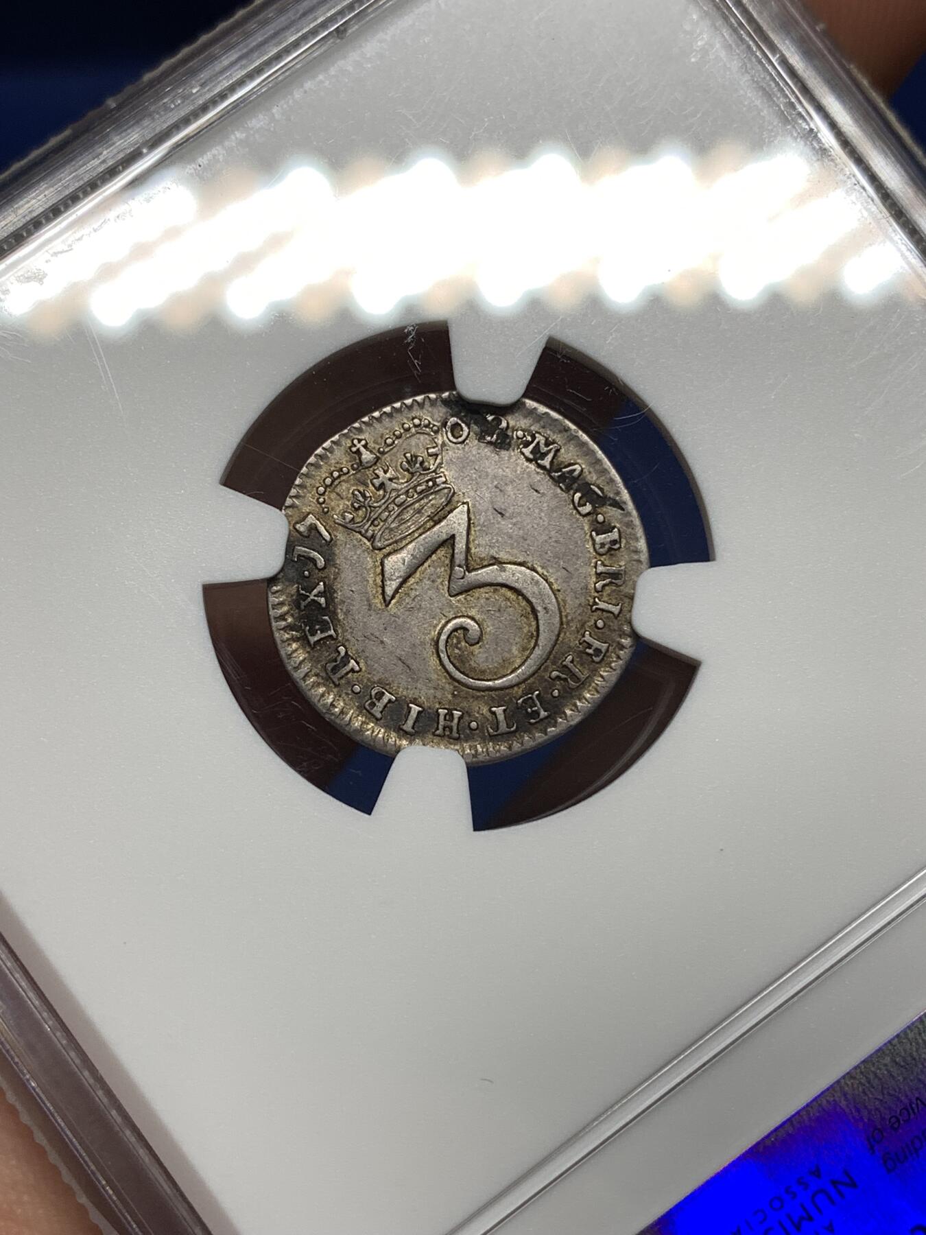 《竞宝斋》第447场 周日，周一，2场连拍 （全场包邮） NGC AU50 英国乔治三世1762年濯足三便士银币，乔治三世的最早一版濯足，细节好品，很少见的品种