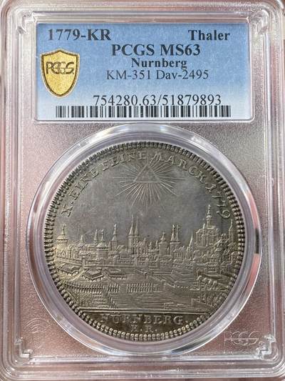 万国钱币拍卖第057期（万国冬季大拍） - PCGS MS63 1779年纽伦堡城市景观双头鹰大泰勒 经典神罗时期景观泰勒 广受欢迎的热门品种 全深打均匀欧陆五彩 纽伦堡老城的城市布局在方寸之间展现的一览无余 PC亚军分 更高分仅一枚 一步到位的典藏级品质