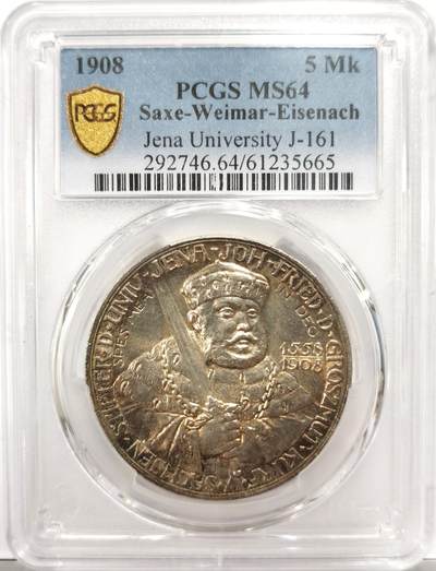 博洋堂世界钱币拍卖第154期（全场包邮） PCGS MS64 德国萨克森-魏玛-爱森纳赫1908年耶拿大学5马克银币，正面黄油彩