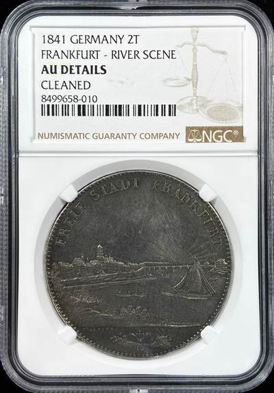 【雨安】【直播拍卖】【世界币章121期-评级币】2025-12-20 周六 19:30 保真 - [评级德国] Germany 德国 德意志 2泰勒 Frankfurt法兰克福 Thun.130 KM#0326 景观泰勒  NGC-AU 均匀淡美包浆