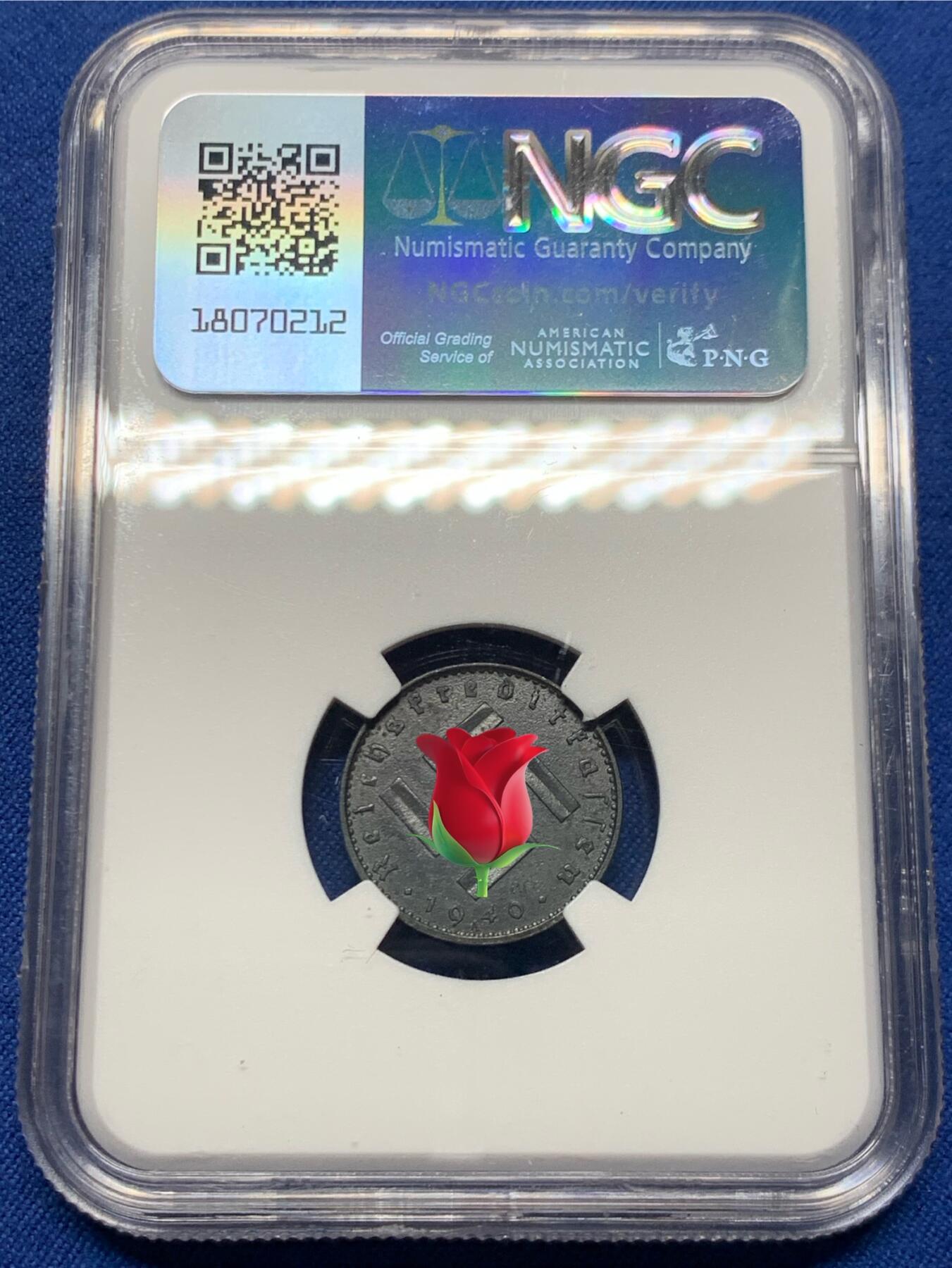 《竞宝斋》第447场 周日，周一，2场连拍 （全场包邮） NGC MS62 德国 1940A 占领区 5芬尼 锌币 金属光泽圆润，品相不输63，锌币极难保存，MS少之又少！