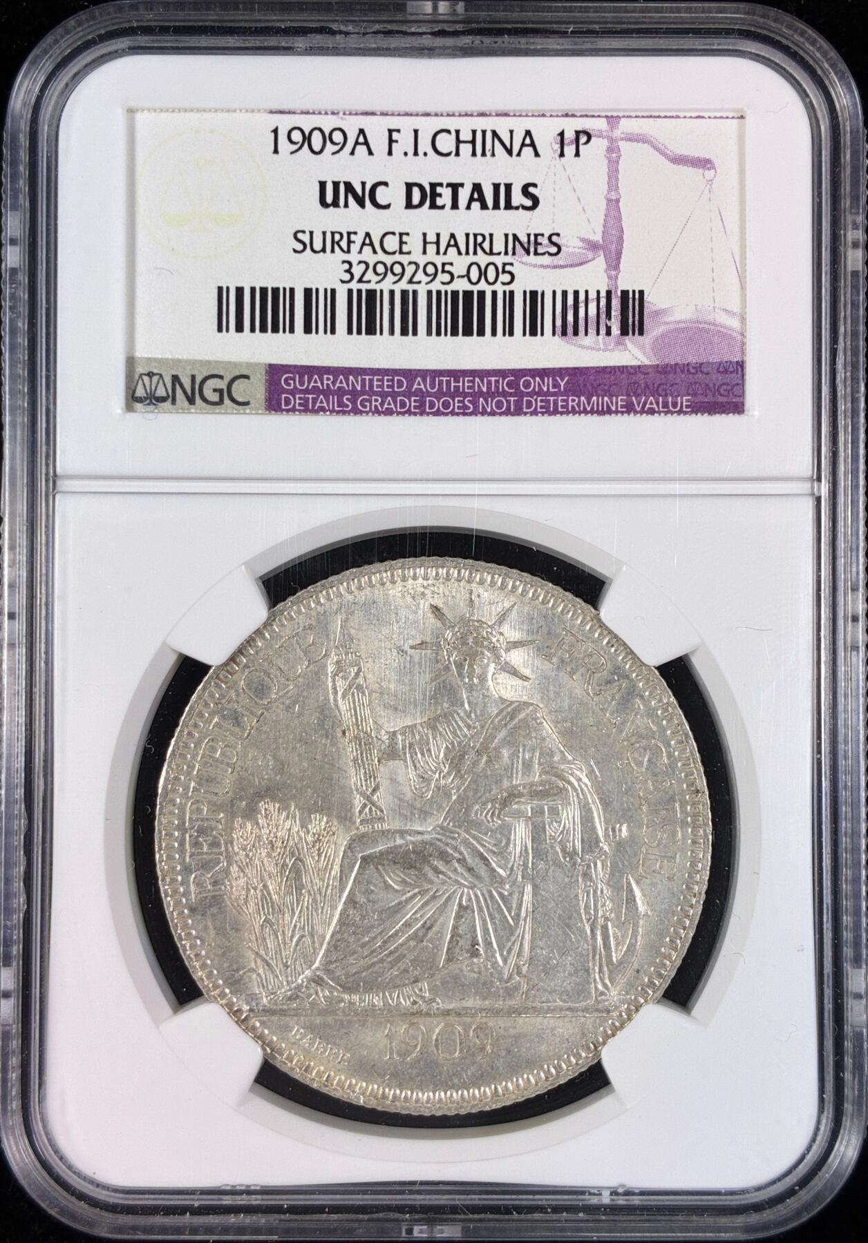 【雨安】【直播拍卖】【世界币章121期-评级币】2025-12-20 周六 19:30 保真 [评级亚洲] 贸易银 法国 法属印支 坐洋 1皮阿斯特 1909年  NGC-UNC