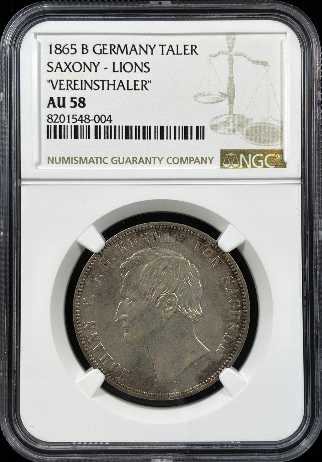 【雨安】【直播拍卖】【世界币章121期-评级币】2025-12-20 周六 19:30 保真 [评级德国] Germany 德国 德意志 1泰勒 Saxony萨克森 Thun.348 KM#1214 (1861-1871) 双狮.内圈 1865年  NGC-AU58