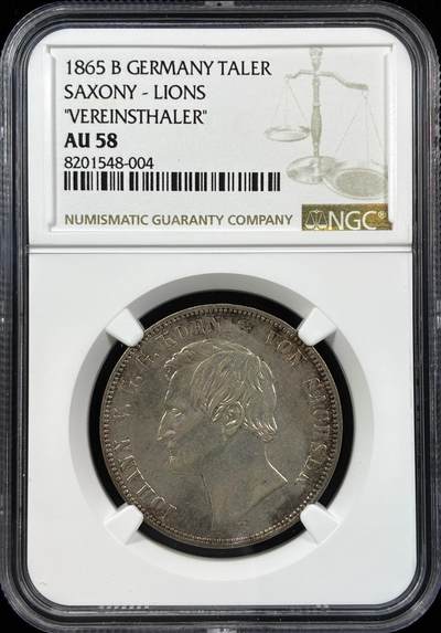 【雨安】【直播拍卖】【世界币章121期-评级币】2025-12-20 周六 19:30 保真 - [评级德国] Germany 德国 德意志 1泰勒 Saxony萨克森 Thun.348 KM#1214 (1861-1871) 双狮.内圈 1865年  NGC-AU58