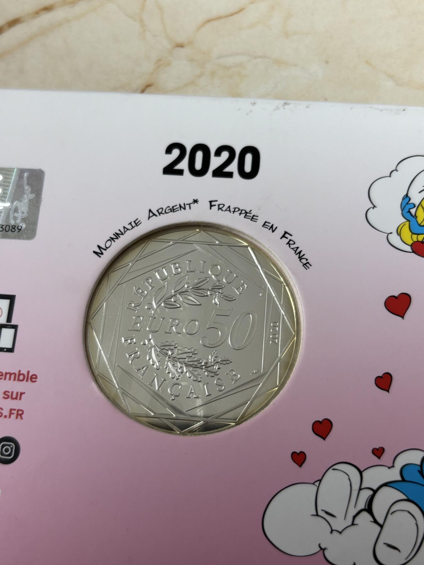 第186期拍卖 法国2020年童年的回忆蓝精灵50欧元系列爱情银币，900银，41克，发行20000枚