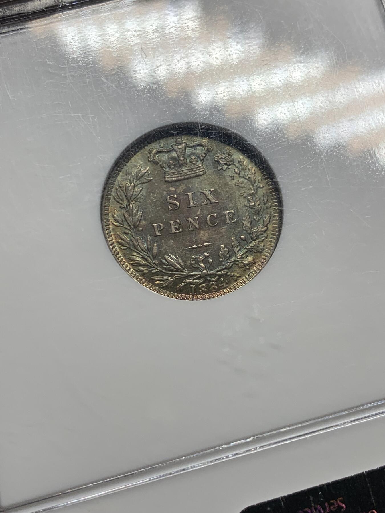 《竞宝斋》第447场 周日，周一，2场连拍 （全场包邮） NGC MS64 英国1884年维多利亚6便士银币，老白盒品质好，原味英伦包浆。