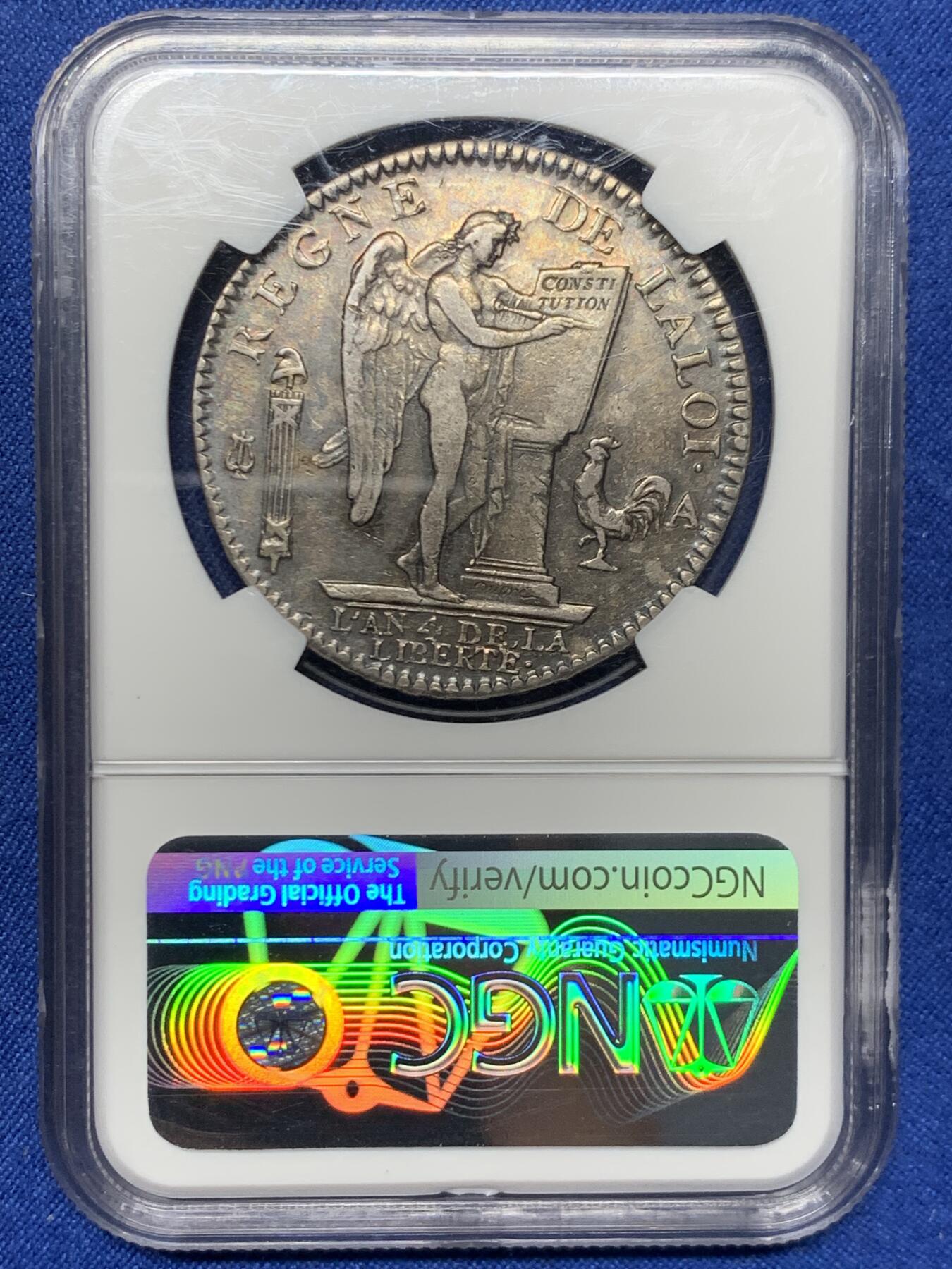 《竞宝斋》第447场 周日，周一，2场连拍 （全场包邮） NGC XF40 法国1792年路易十六天使版埃居大银币，原味包浆 双面深打 图案清晰 减重痕极少