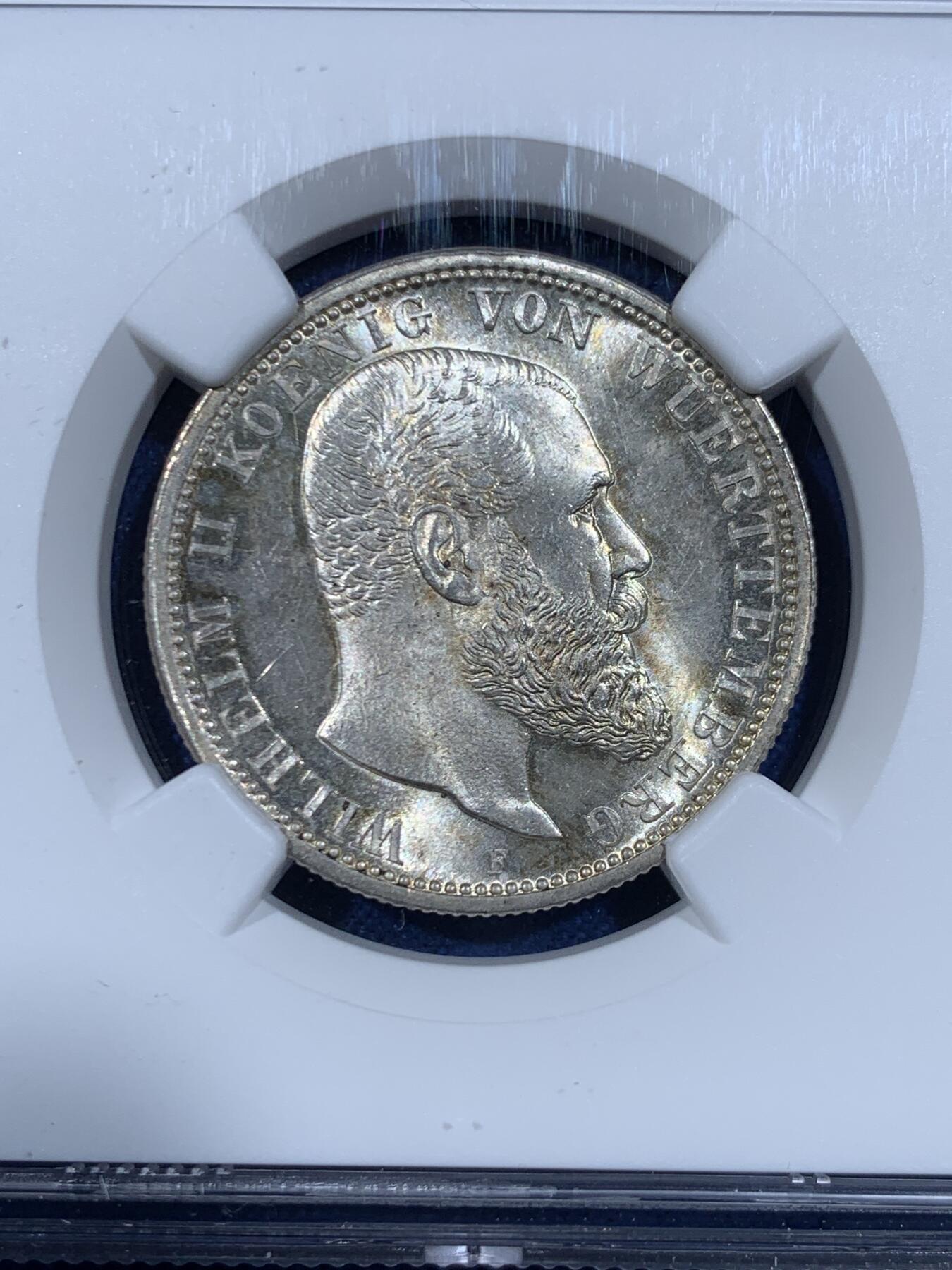 《竞宝斋》第447场 周日，周一，2场连拍 （全场包邮） NGC MS64  德国 1913F 符腾堡威廉二世长翅流通2马克银币 PL底板 转光犀利