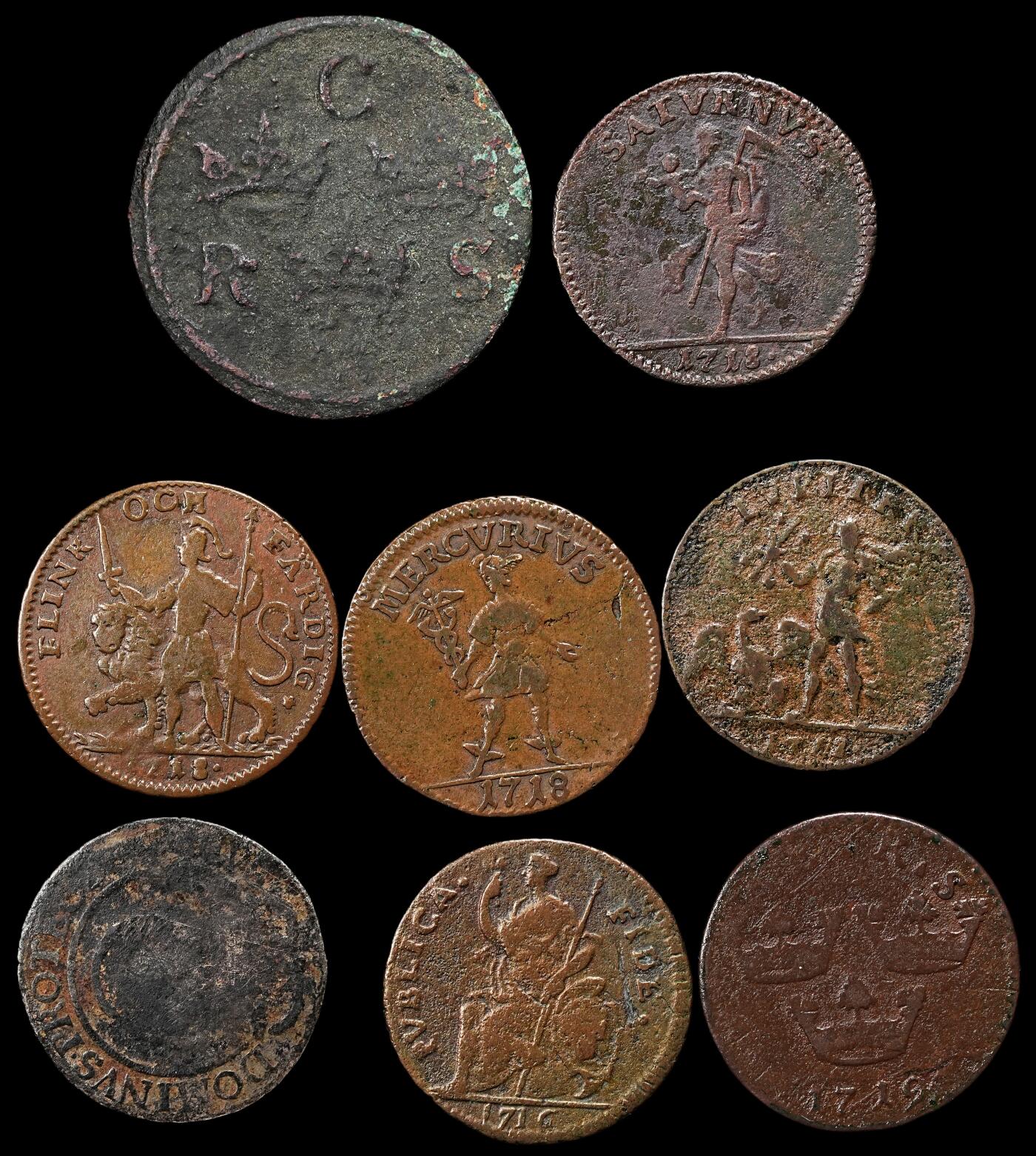 修遠堂世界钱币第九十七期 17-18世纪瑞典旧铜币一组 带藏家手写标签