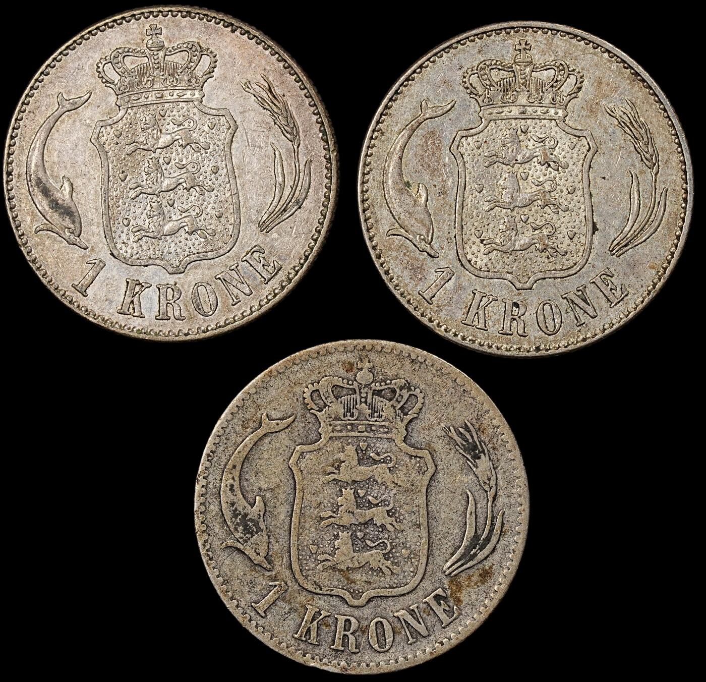 修遠堂世界钱币第九十七期 丹麦海豚1克朗银币3枚 总重22.16g 含银80%