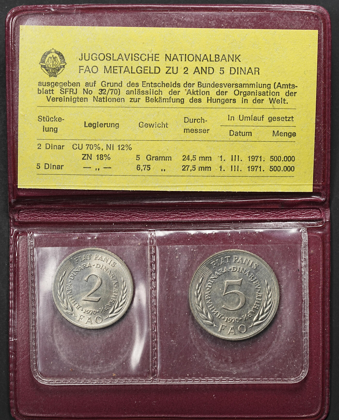 修遠堂世界钱币第九十七期 1970年南斯拉夫FAO纪念套币两枚 BU品