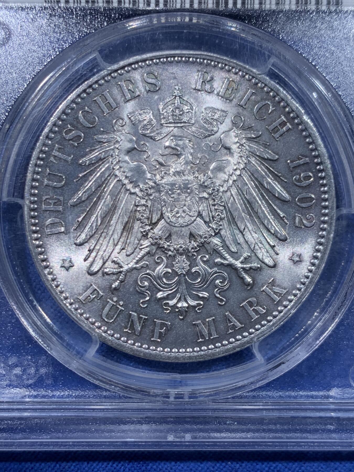 《竞宝斋》第447场 周日，周一，2场连拍 （全场包邮） PCGS MS64+ 德国 1902年 萨克森逝世纪念5马克 银灰色包浆很有质感