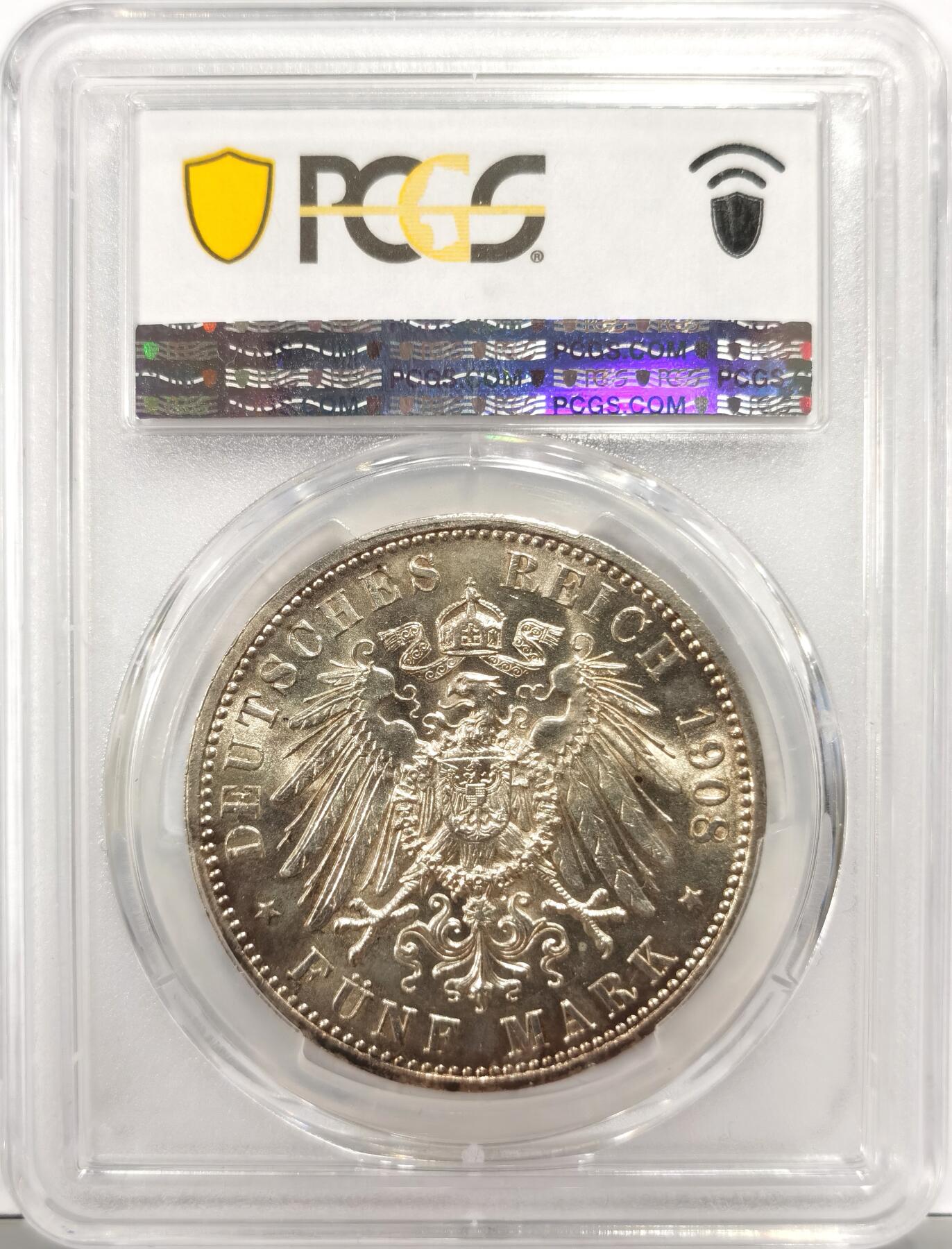 博洋堂世界钱币拍卖第154期（全场包邮） PCGS MS64 德国萨克森-魏玛-爱森纳赫1908年耶拿大学5马克银币，正面黄油彩