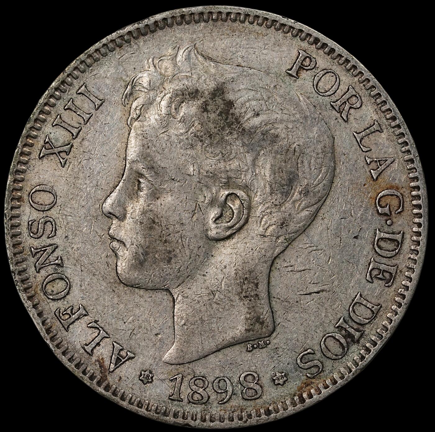 修遠堂世界钱币第九十七期 1898年西班牙5比塞塔大银币 阿方索十三世 25g，含银90%