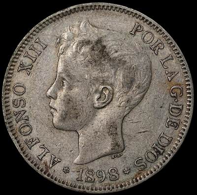 修遠堂世界钱币第九十七期 - 1898年西班牙5比塞塔大银币 阿方索十三世 25g，含银90%