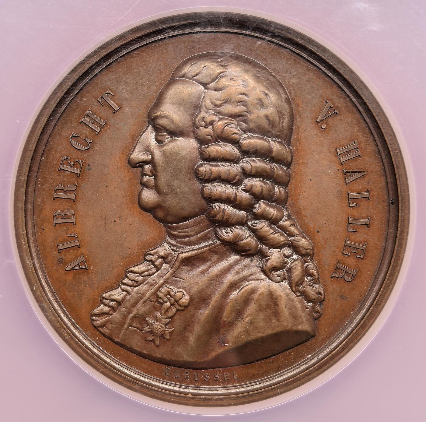 凡希社世界钱币微拍月度大拍（2025/12） 1877瑞士生理学家阿尔布雷希特·冯·哈勒逝世百年纪念铜章NGC-MS62，瑞士杰出的生理学家，被公认为是十八世纪第一流生物学家和实验生理学之父，被称为“近代生理学之父”，他花费十年时间，撰写成八卷本的《生理学纲要》，这一著作被认为具有医学史上的里程碑的重要意义。铜色温润优美，人物雕刻精湛。