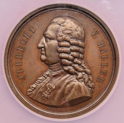 凡希社世界钱币微拍月度大拍（2025/12） - 1877瑞士生理学家阿尔布雷希特·冯·哈勒逝世百年纪念铜章NGC-MS62，瑞士杰出的生理学家，被公认为是十八世纪第一流生物学家和实验生理学之父，被称为“近代生理学之父”，他花费十年时间，撰写成八卷本的《生理学纲要》，这一著作被认为具有医学史上的里程碑的重要意义。铜色温润优美，人物雕刻精湛。