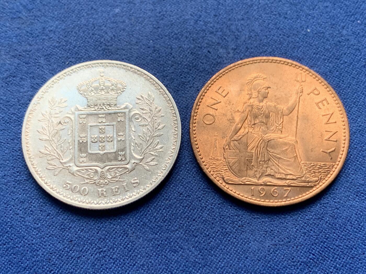 《竞宝斋》第447场 周日，周一，2场连拍 （全场包邮） 两枚一组 葡萄牙1896年卡洛斯一世500瑞斯银币+英国1967年伊丽莎白女王1便士铜币