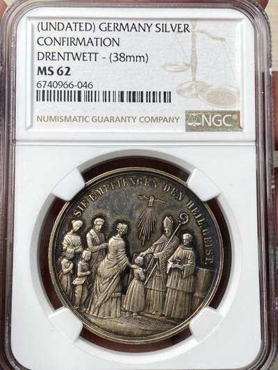 万国钱币拍卖第057期（万国冬季大拍） - NGC MS62 19世纪德国坚信礼洗礼纪念大银章 罕见38MM 人物刻画细腻 金色葡萄藤原味红玫瑰彩无比诱人