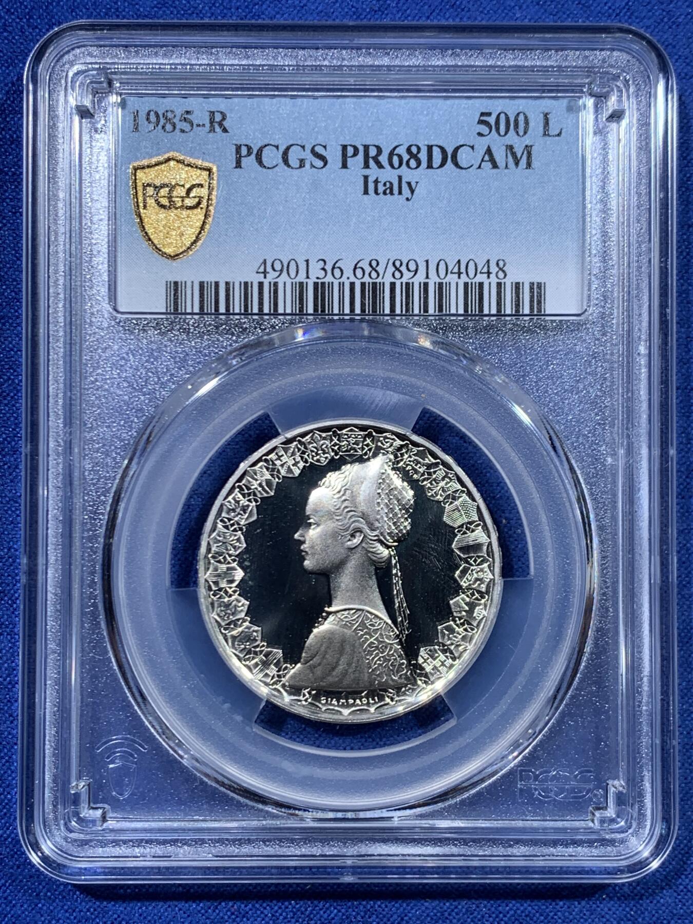 《竞宝斋》第447场 周日，周一，2场连拍 （全场包邮） 亚军分 PCGS PR68DCAM 意大利 1985年 帆船少女 精制500里拉银币 首年发行的精制 镜面光十足