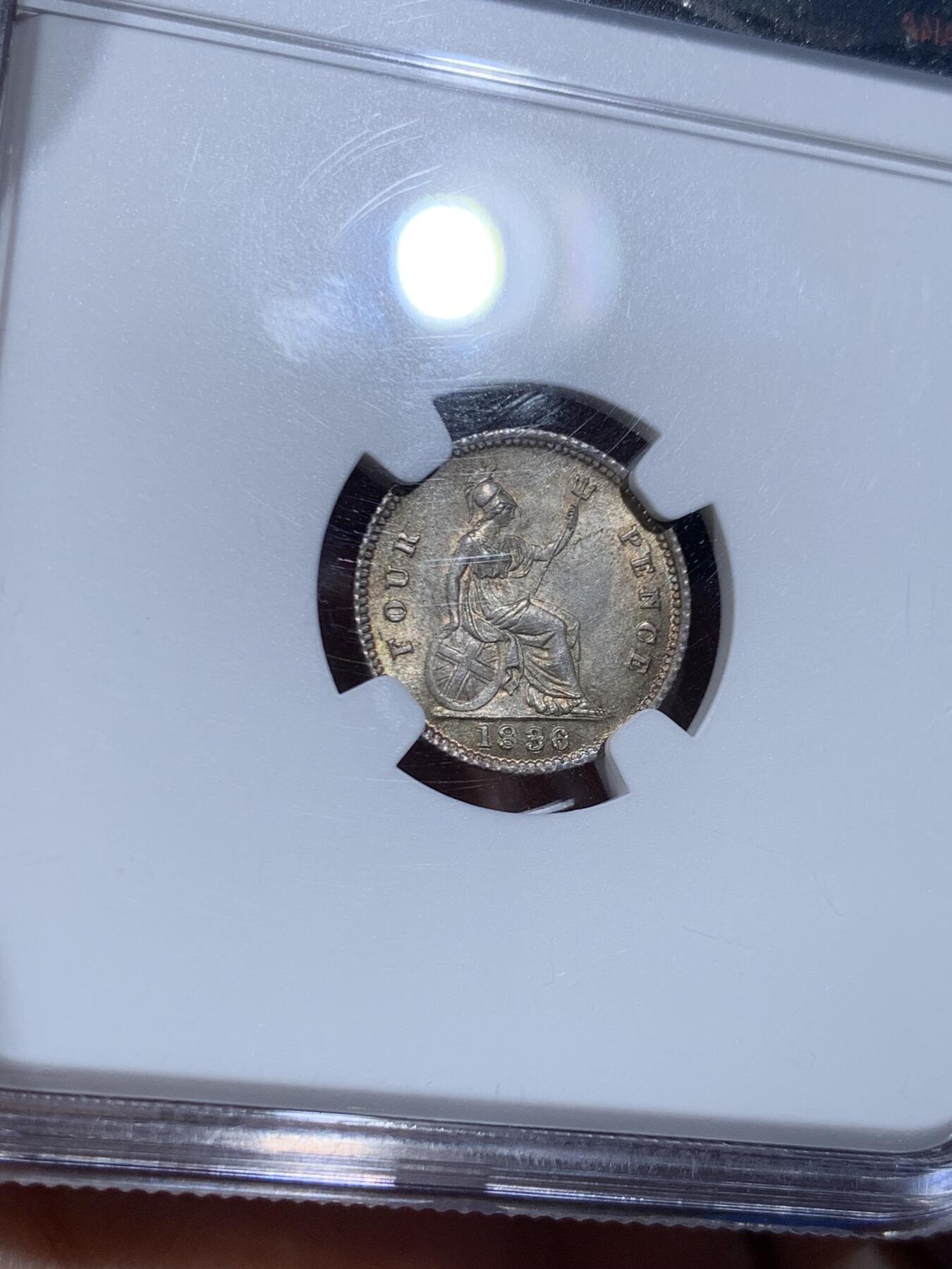 《竞宝斋》第447场 周日，周一，2场连拍 （全场包邮） NGC MS64 英国 1836年 威廉四世 4便士银币 深彩包浆 转光明显