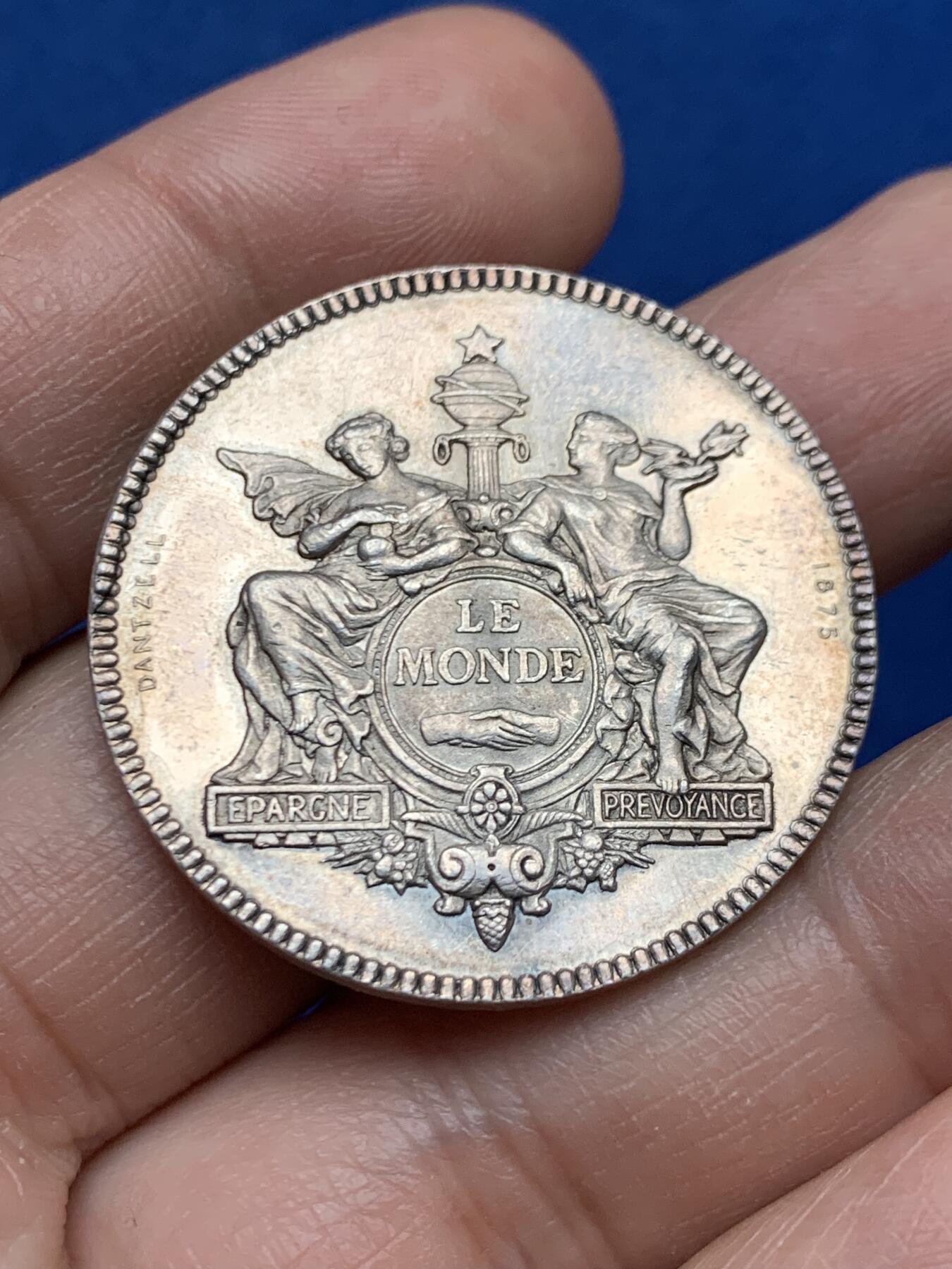 《竞宝斋》第447场 周日，周一，2场连拍 （全场包邮） 法属阿尔及利亚及印支1875年人寿保险公司银代币 蜜蜂银标 18.15克 35mm