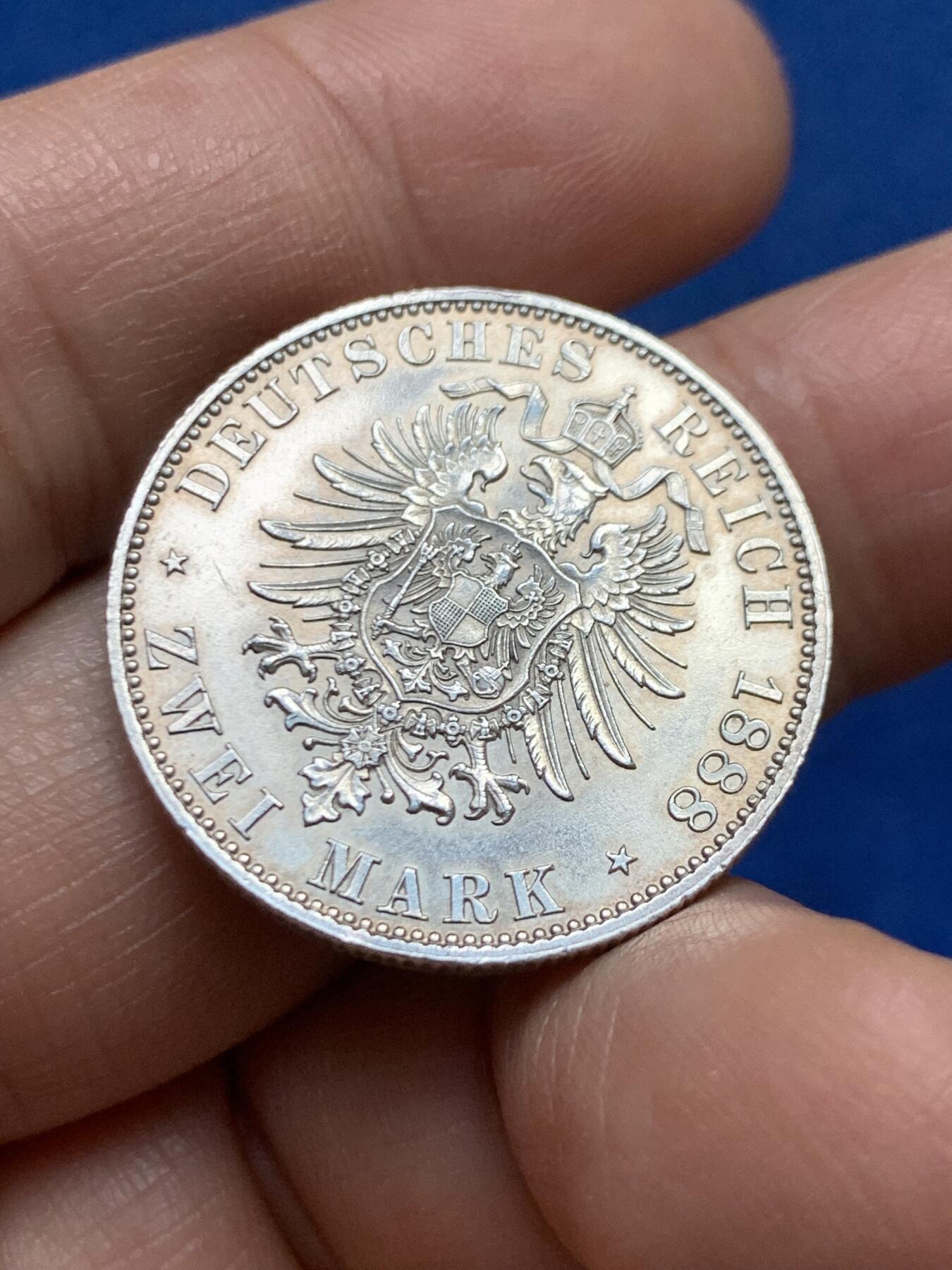 《竞宝斋》第447场 周日，周一，2场连拍 （全场包邮） 德国 普鲁士1888年弗里德里希三世 2马克银币 细节完整 好品