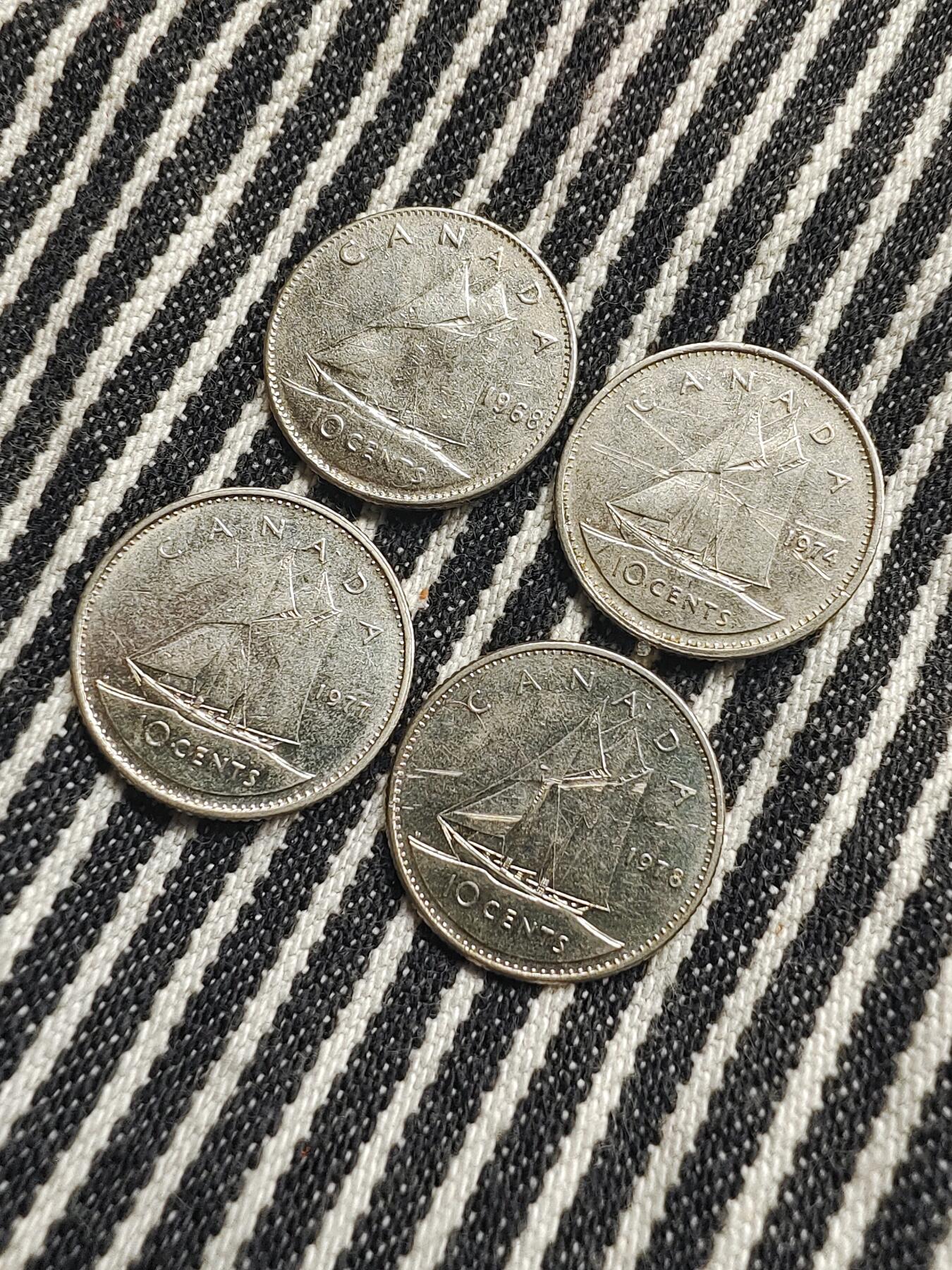 加拿大10分帆船镍币4枚不重复 分币 硬币 收藏  1968/1974/1977/1978
