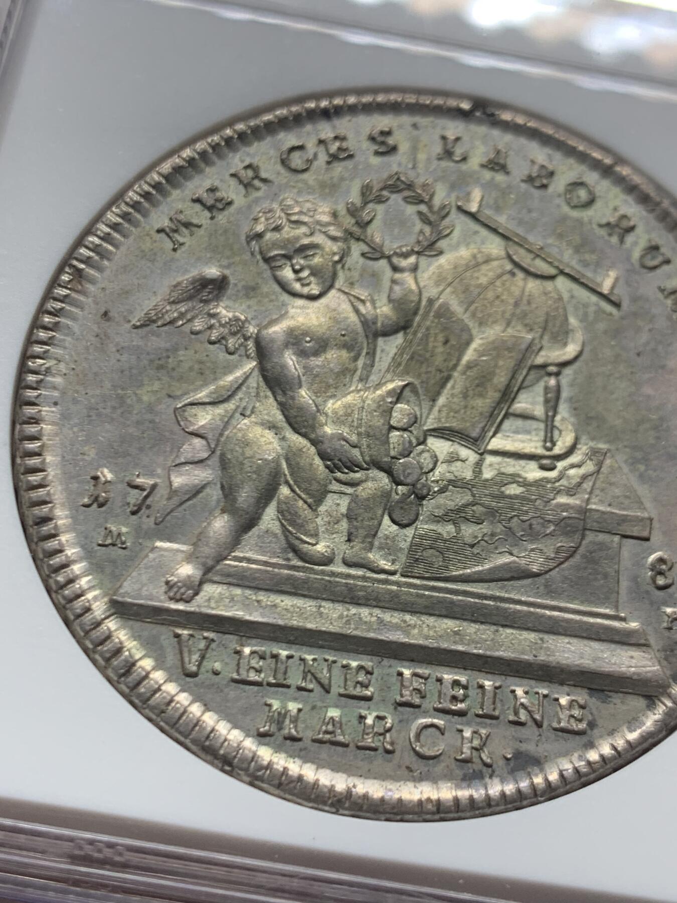 《竞宝斋》第447场 周日，周一，2场连拍 （全场包邮） NGC MS62 德国 1786年 维尔茨堡主教区  2泰勒大银币 56.13克 双倍的享受 包浆自然 小天使鼻尖清晰 非常稀少的品种 具体细节状态见图