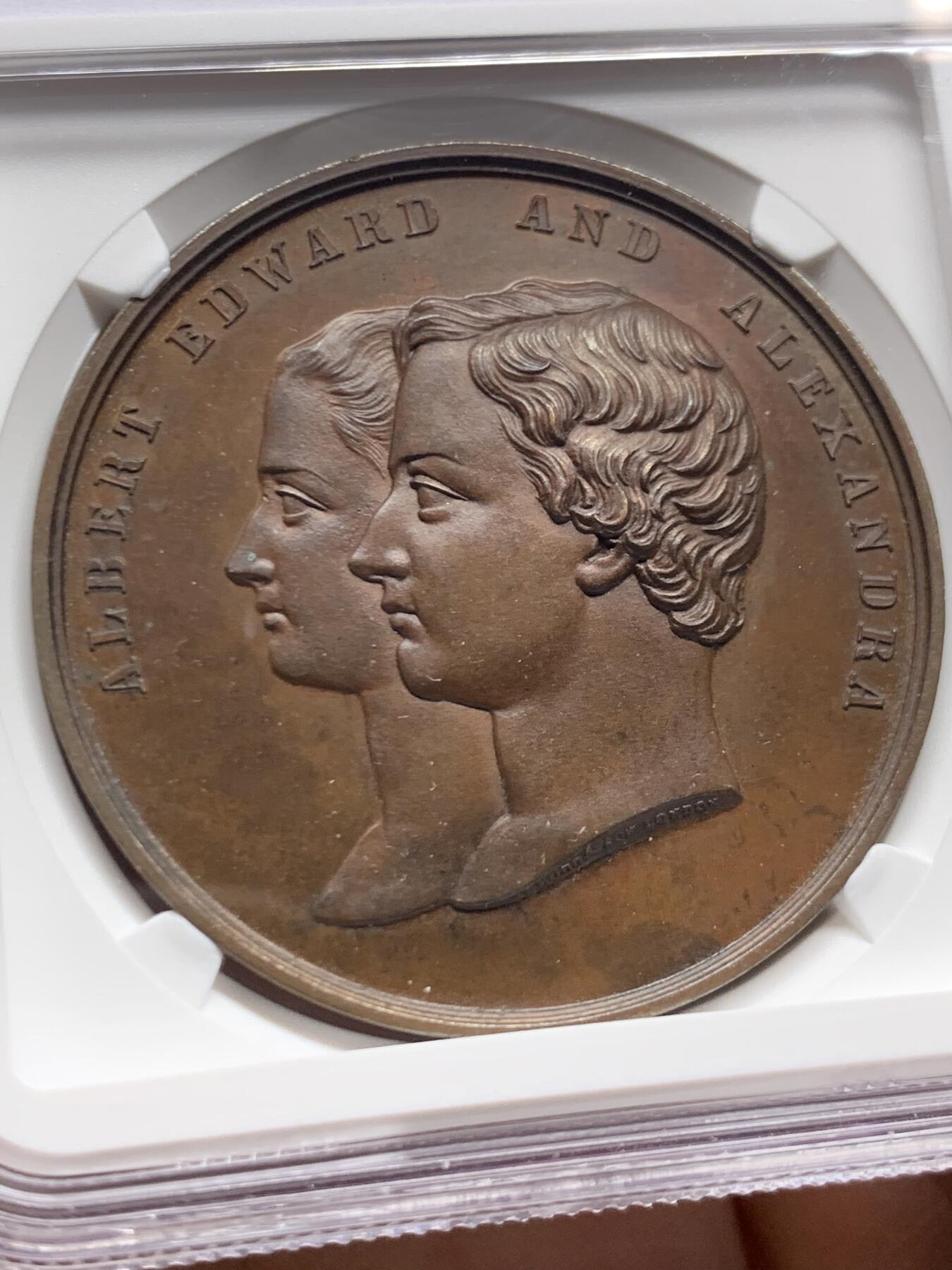 《竞宝斋》第447场 周日，周一，2场连拍 （全场包邮） NGC MS63BN 英国1863年亚历山大公主与阿尔伯特结婚铜章，不错的品种，欢迎收藏。加厚盒