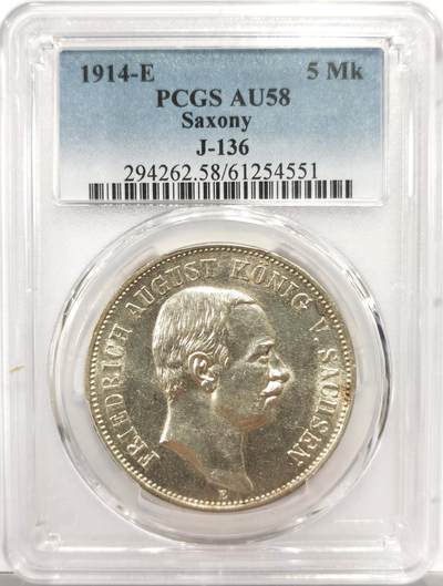 博洋堂世界钱币拍卖第153期（全场包邮） - PCGS AU58 德国萨克森1914年流通5马克银币，背面卡槽有一很小磕