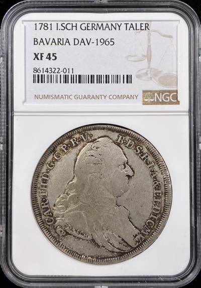 【雨安】【直播拍卖】【世界币章121期-评级币】2025-12-20 周六 19:30 保真 - [评级德国] Germany 德国 德意志 1泰勒 Bavaria巴伐利亚 KM#0563 卡尔·特奥多尔.圣母抱婴 1781年  NGC-XF45 原味带底光