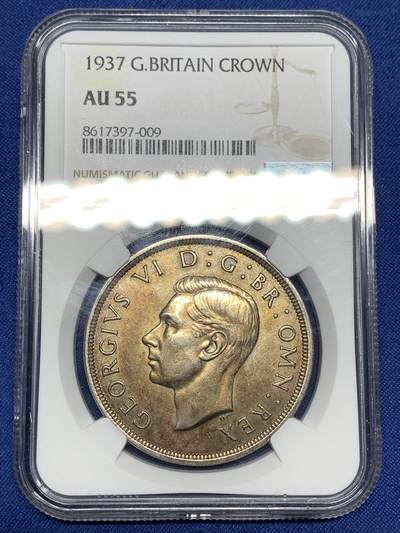 《竞宝斋》第447场 周日，周一，2场连拍 （全场包邮） - NGC AU55 英国1937年乔治六世登基1克朗大银币，原味黑彩包浆，比白币更加独特。
