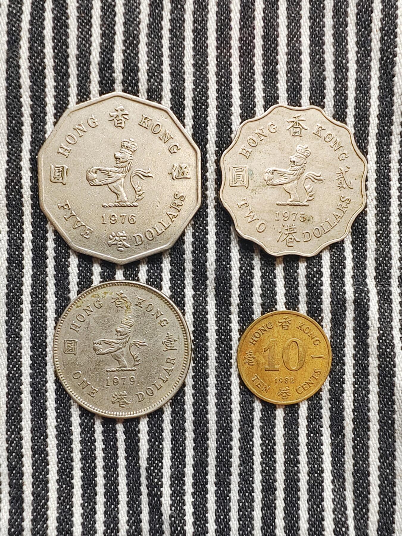 香港英国殖民时期1976年5元/1975年2元/1979年1元/1972年1毫硬币4枚一组 香港硬币 铜币 镍币 收藏