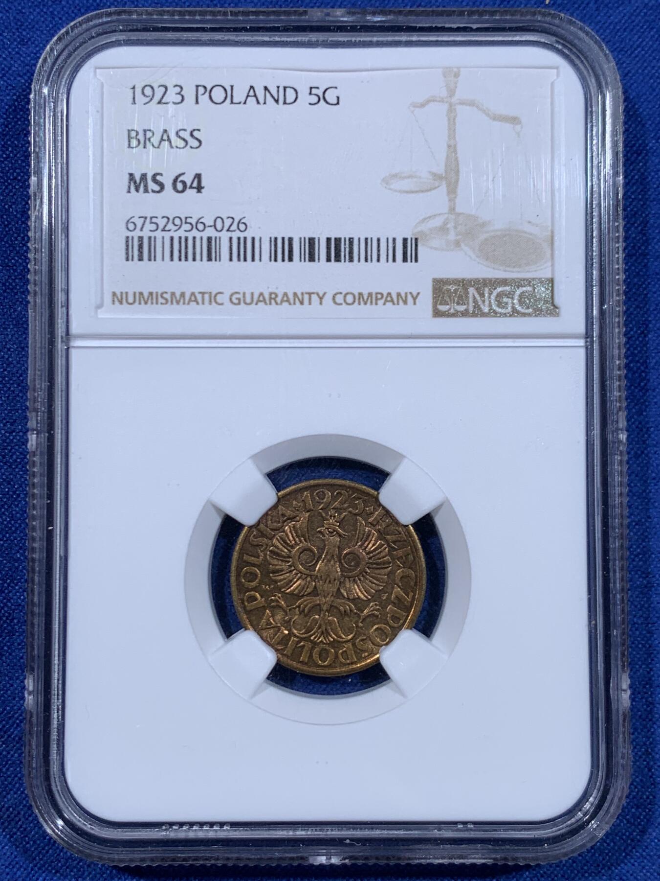 《竞宝斋》第447场 周日，周一，2场连拍 （全场包邮） NGC MS64 波兰1923年5格罗申黄铜币 高分铜光充沛