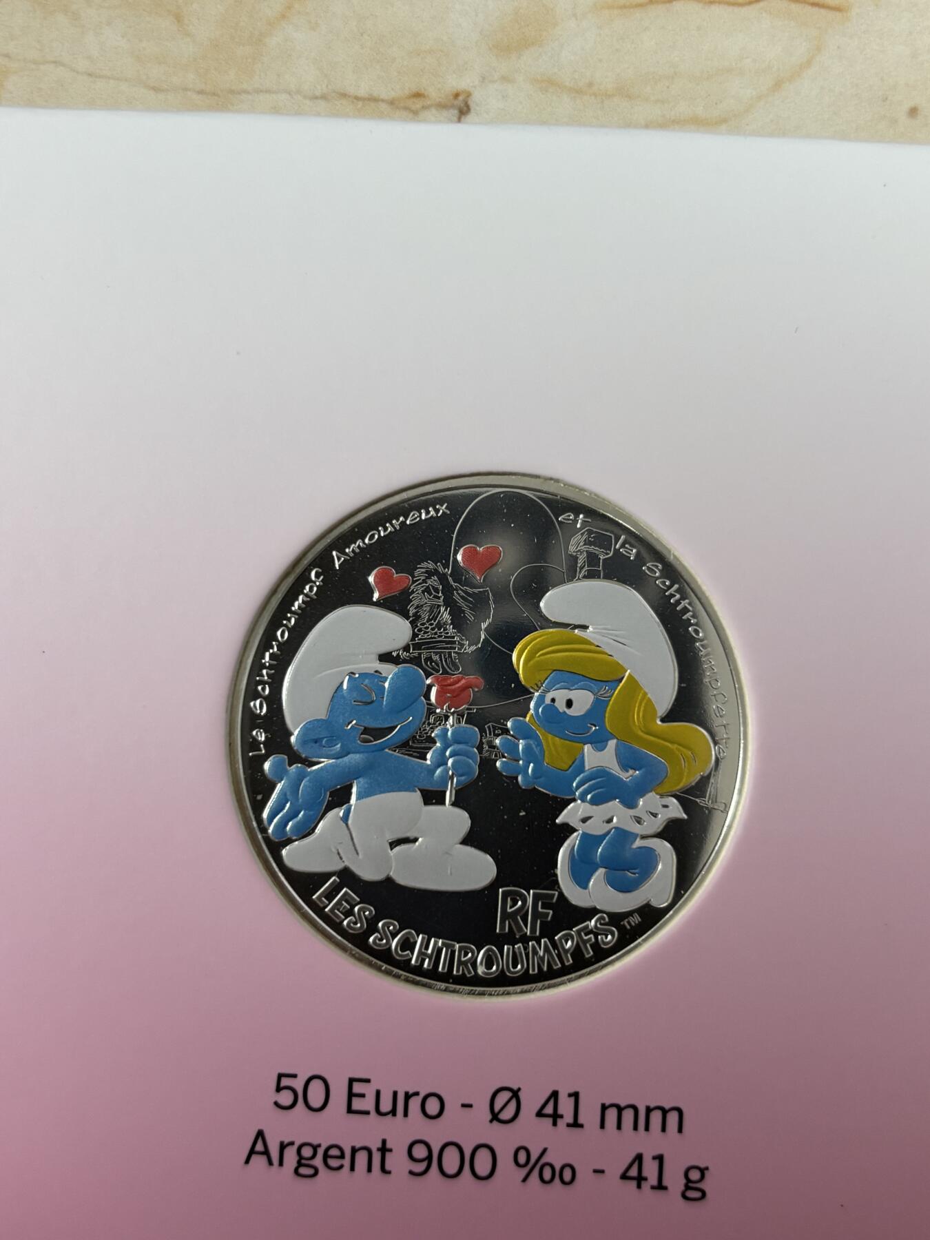 第186期拍卖 法国2020年童年的回忆蓝精灵50欧元系列爱情银币，900银，41克，发行20000枚