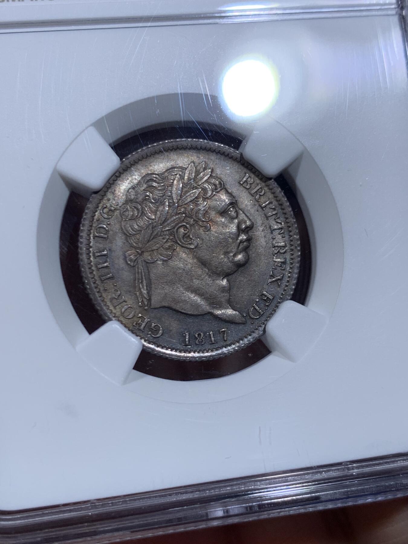 《竞宝斋》第447场 周日，周一，2场连拍 （全场包邮） NGC MS65 英国1817年乔治三世1先令银币 双面深彩包浆 高点保存得很好