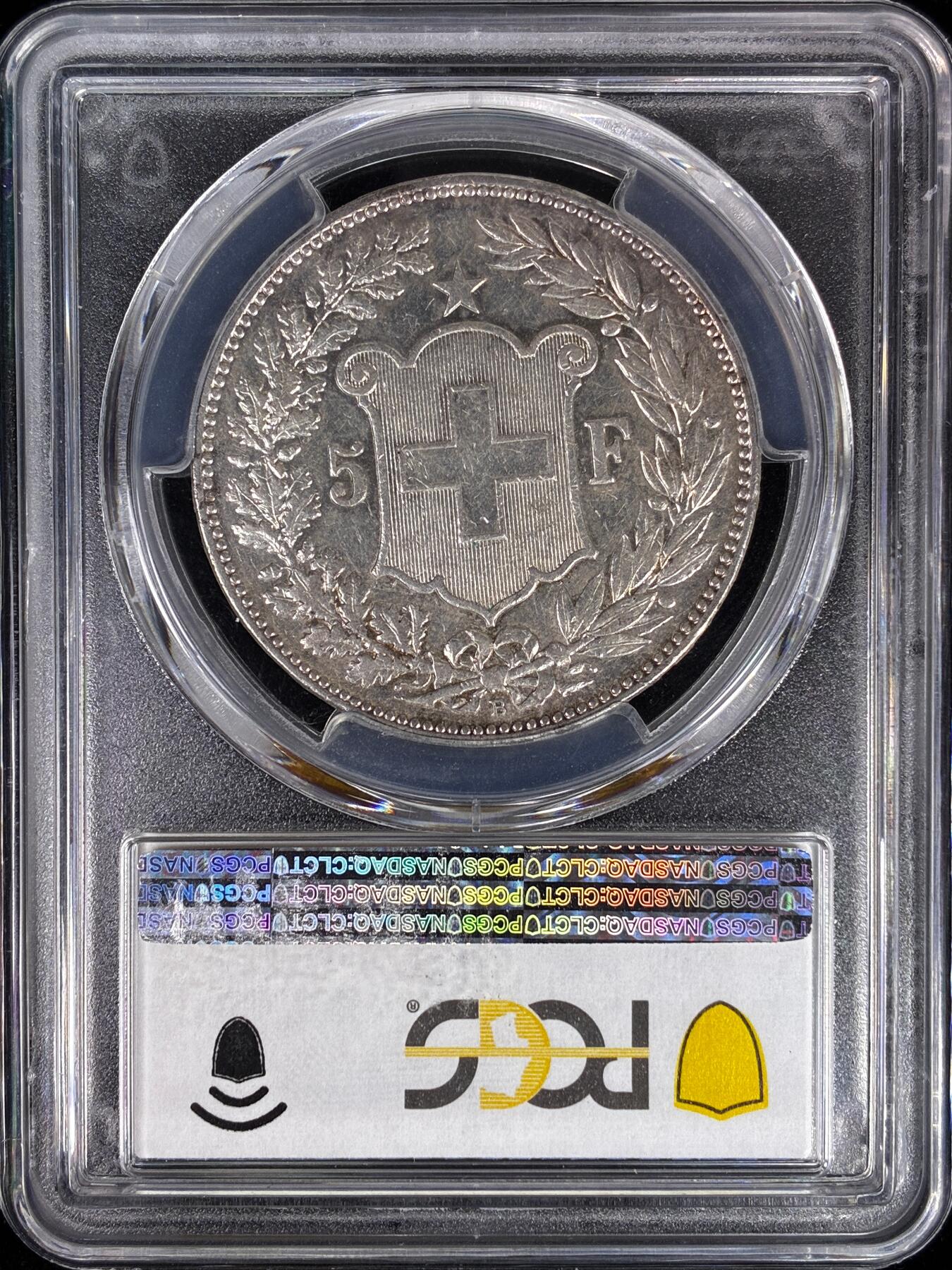 【雨安】【直播拍卖】【世界币章121期-评级币】2025-12-20 周六 19:30 保真 [评级欧洲] Switzerland 瑞士 5法郎 KM#0034 (1888-1916) 赫尔维蒂娅桂冠  PCGS-XF45